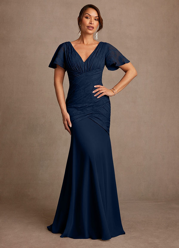 Azazie Jolene Vestidos de Madre de la Novia Vestido de Azul Marino Oscuro de Devorado Floral de Corte Sirena con Plisado image1