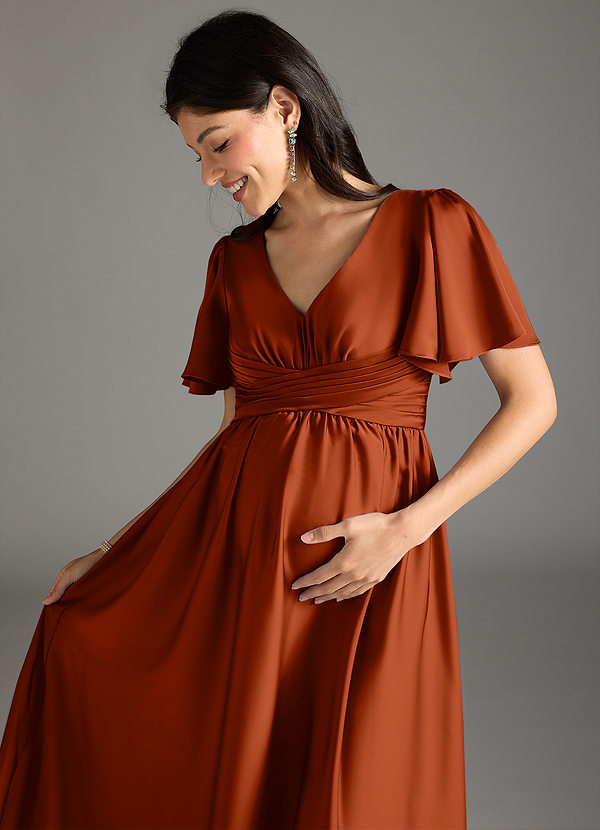 Azazie Verna Gravid brudtärna Klänningar Klänning A-Line Ruched Golvlängd Stretch Satin image1