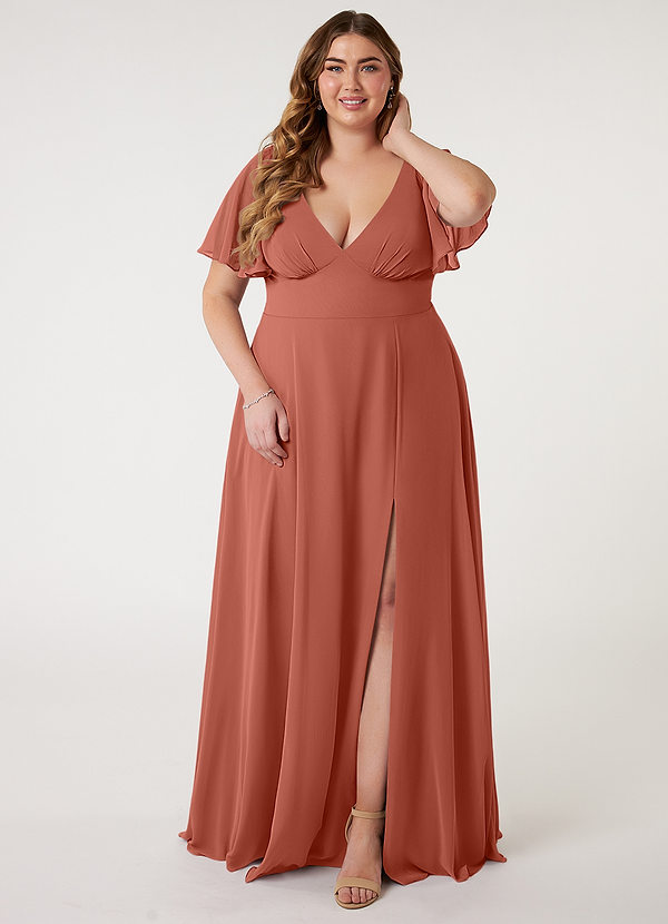 Azazie Kimber Brautjungfernkleider A-Linie Volantärmel Chiffon Kleid Lehm image1