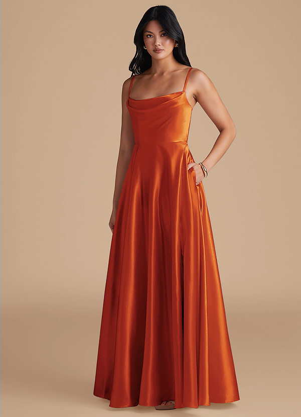 Azazie Elle Bridesmaid Dresses Paprika A-Line with Pockets Metallic Satin Dress image1