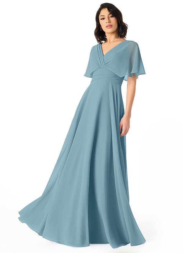 Azazie Pamela Bridesmaid Dresses Moody Blue A-Line V-Neck Pleated Chiffon Dress image1