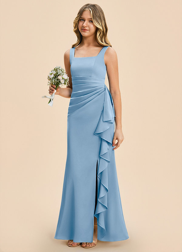 Azazie Adrienne Junior Powder Blue Sheath Pleated Stretch Satin Dress image1