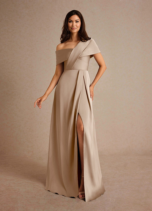 Azazie Milton Mother of the Brides Dresses Taupe A-Line Pleated Stretch Satin Dress image1