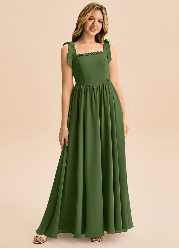 Azazie Delia Junior Abito A-Line in Chiffon Fiocco Oliva image1