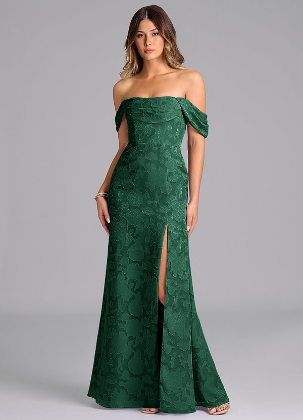 Azazie Saige Bridesmaid Dresses Dark Green A-Line Off the Shoulder Floral Burnout Convertible Dress image1