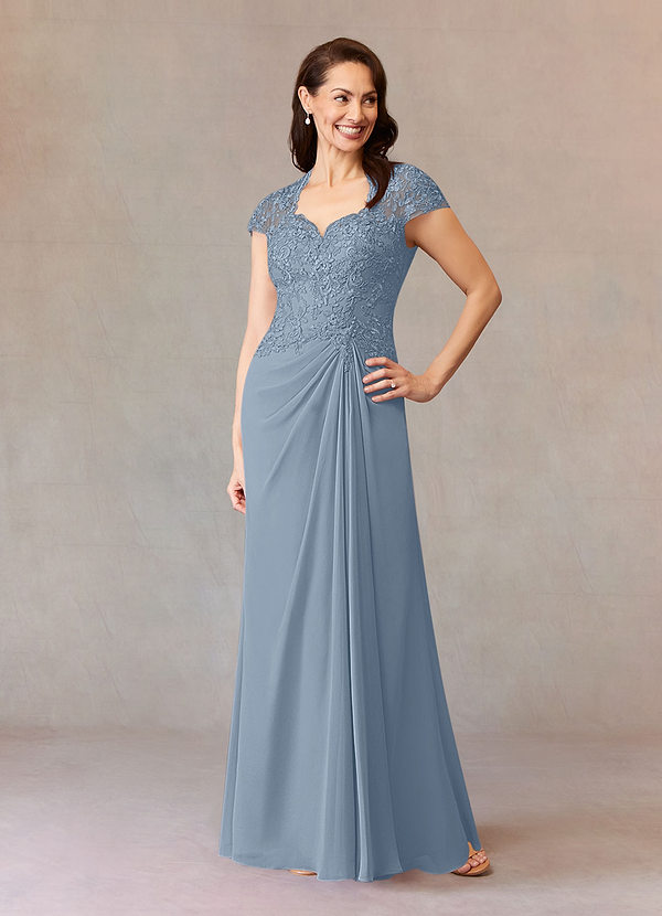 Azazie Junie Robe Mère de la Mariée & du Marié Robe Trapèze en Mousseline de soie Dentelle Bleu Poussiéreux image1