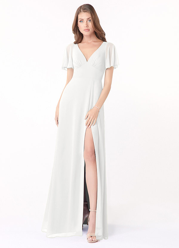 Azazie Kimber Bridesmaid Dresses White A-Line Flounce Sleeve Chiffon Dress image1
