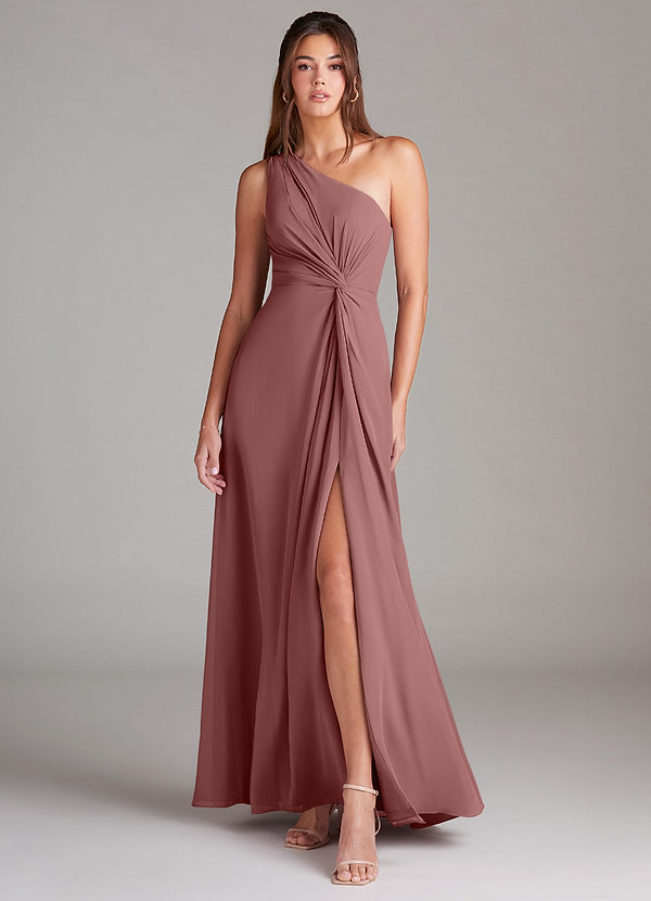 Azazie Brooke Bridesmaid Dresses Desert Rose A-Line One Shoulder Chiffon Dress image1