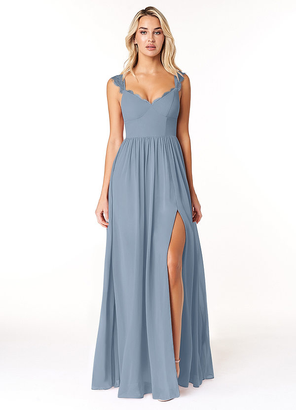 Azazie Cleobella Bridesmaid Dresses Dusty Blue A-Line Sweetheart Lace Chiffon Dress image1