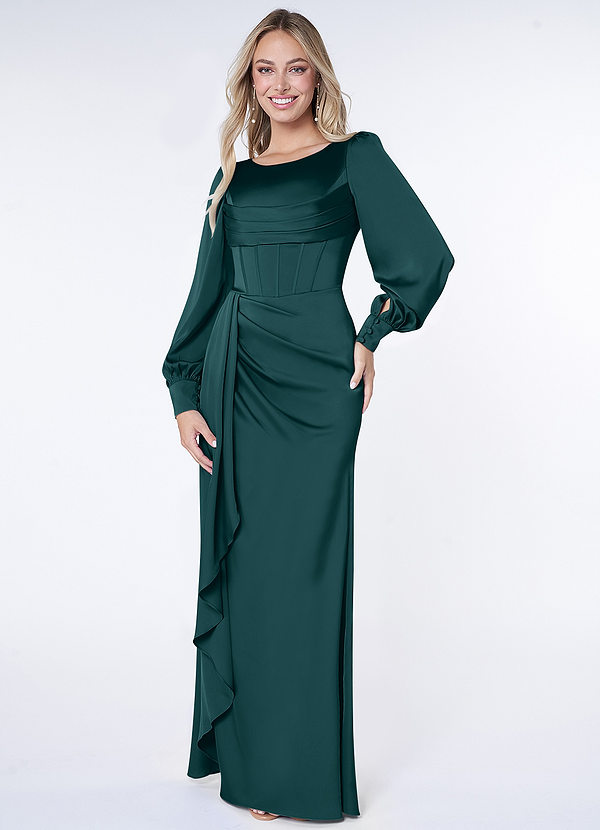 Azazie Raye Bridesmaid Dresses Pine Mermaid Long Sleeve Stretch Satin Dress image1