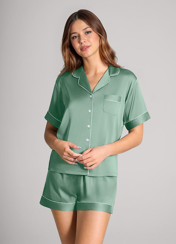 front Matching Color Satin Contrast Piping Pajama Set