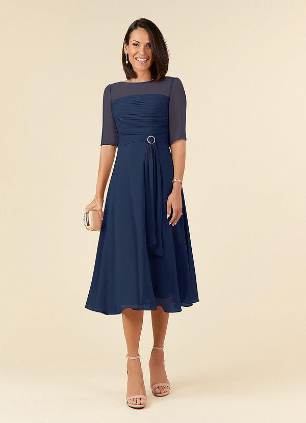 Azazie Naomi Mother of the Brides Dresses Dark Navy A-Line Boatneck Pleated Chiffon Dress image1