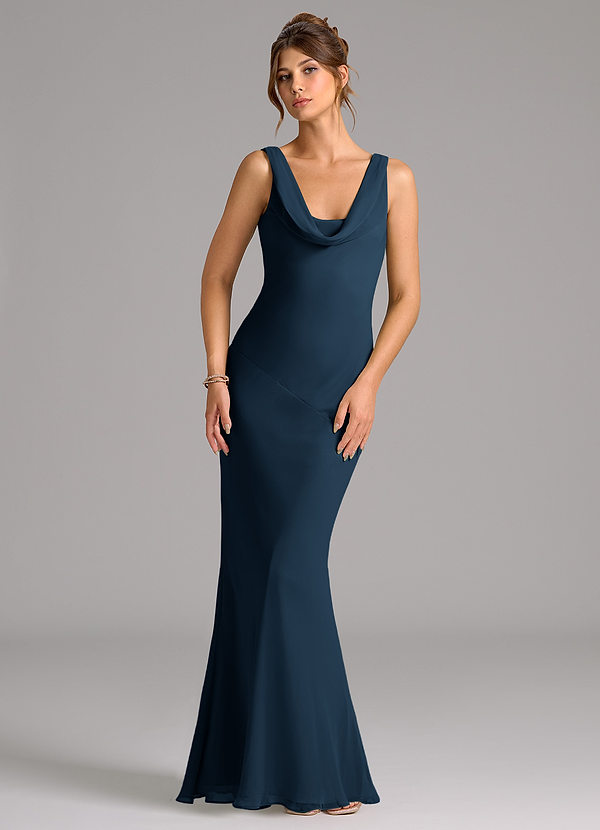 Azazie Rylina Bridesmaid Dresses Dark Navy Mermaid Pleated Chiffon Dress image1