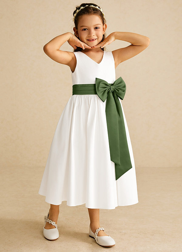 Azazie Darling Flower Girl Dresses Ivory Olive A-Line Bow Cotton Dress image1