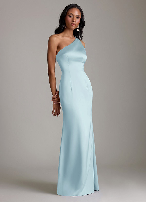 Azazie Voni Vestidos Dama de Honor Vestido de Azul Nube de Satén Elástico de Corte Sirena con Hombro unilateral image1
