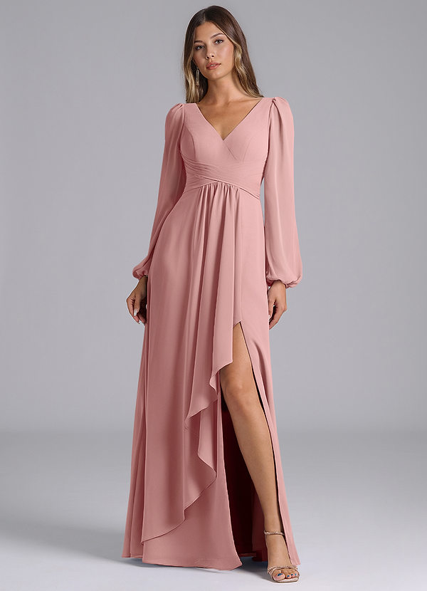 Azazie Liah Bridesmaid Dresses Dusty Rose A-Line Long Sleeve Chiffon Dress image1