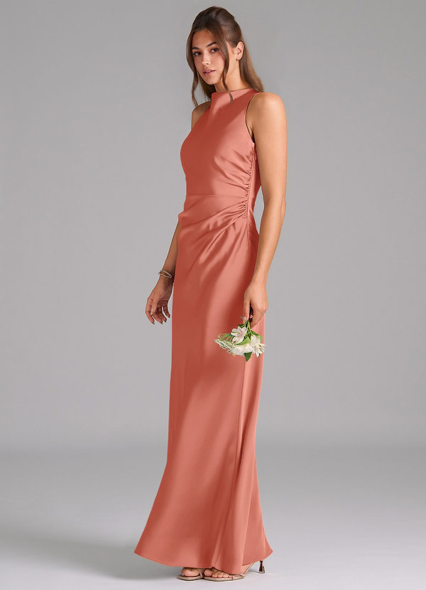 Azazie Evadne Bridesmaid Dresses Salmon Pink Sheath Pleated Stretch Satin Dress image1