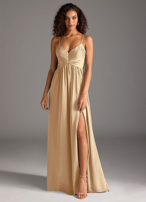 Azazie Alia Bridesmaid Dresses Champagne A-Line Pleated Stretch Satin Dress image1