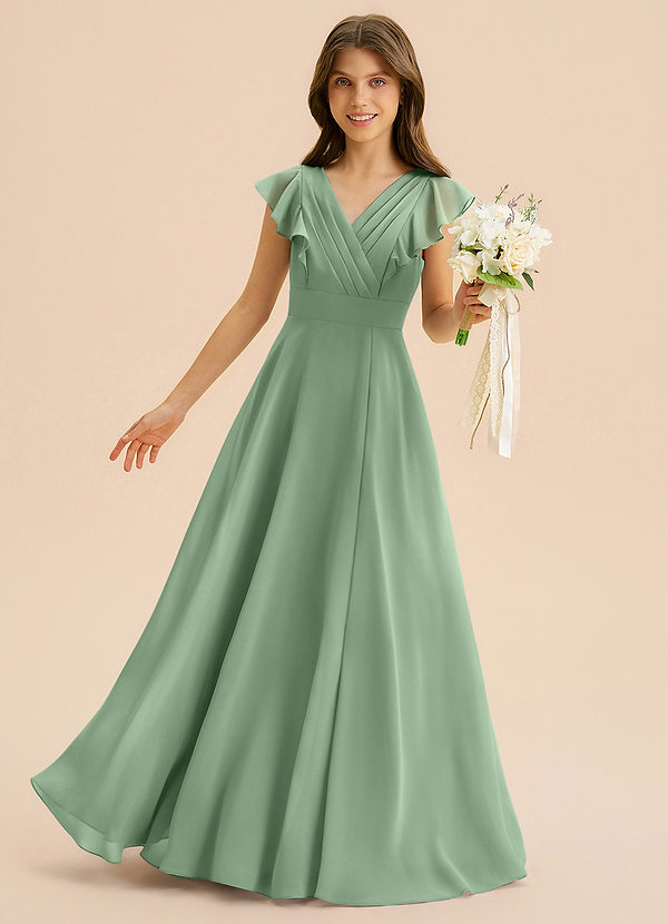 Azazie Anysa Junior Robe Trapèze en Mousseline de soie Rayé Matcha image1