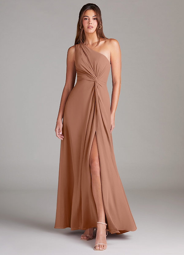 Azazie Brooke Robes Demoiselle d'honneur Robe Trapèze en Mousseline de soie Ue épaule Bronze image1