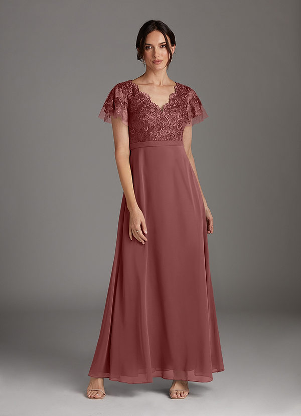 Azazie Singer Mother of the Brides Dresses Desert Rose A-Line V-Neck Lace Chiffon Dress image1