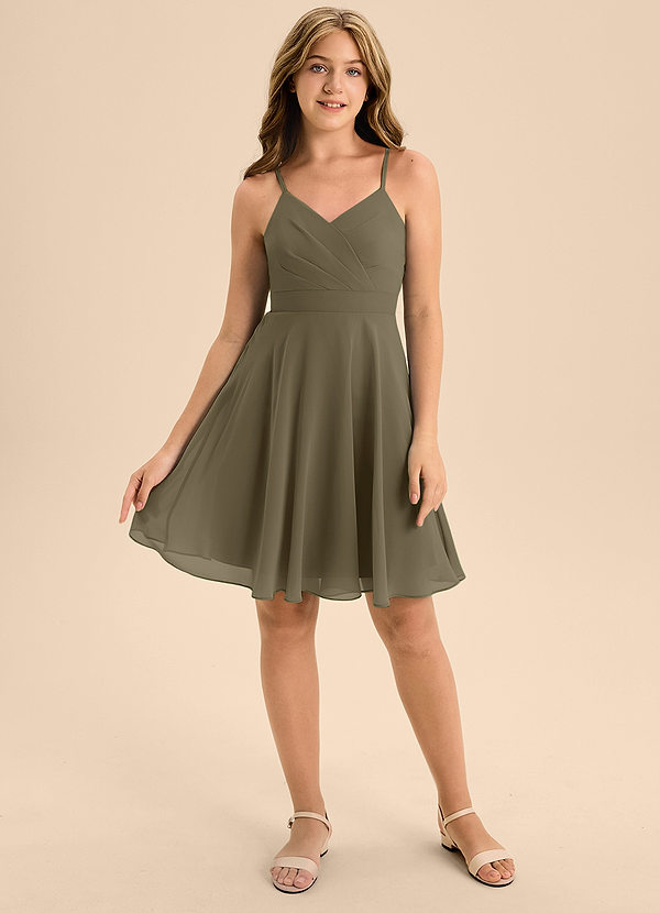 Azazie Avelina Junior Willow Green A-Line Pleated Chiffon Dress image1