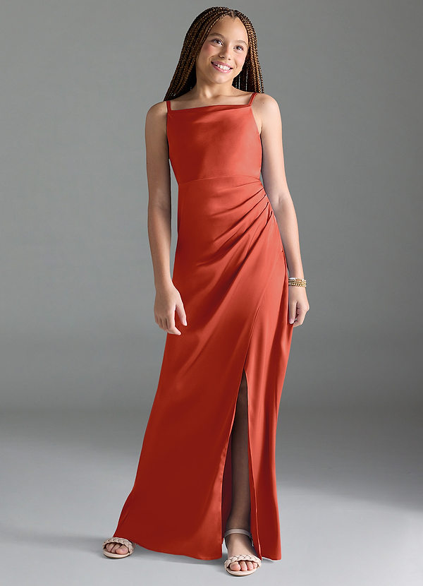 Azazie Leonis Junior Rust A-Line Pleated Stretch Satin Dress image1