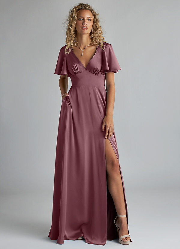 Azazie Kimber Bridesmaid Dresses Amethyst A-Line Ruched Stretch Satin Dress image1