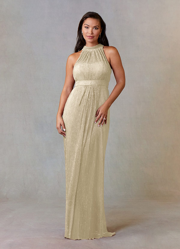 Upstudio Brea Mother of the Bride Dresses A-Line Halter Pleated Metallic Mesh Floor-Length Dress image1