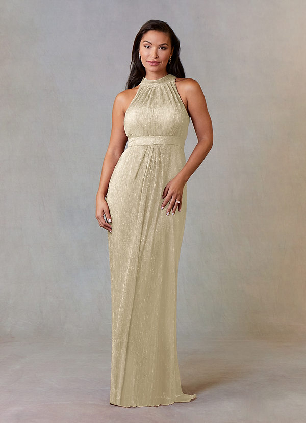 Upstudio Brea Mother of the Bride Dresses Champagne A-Line Halter Pleated Metallic Mesh Dress image1