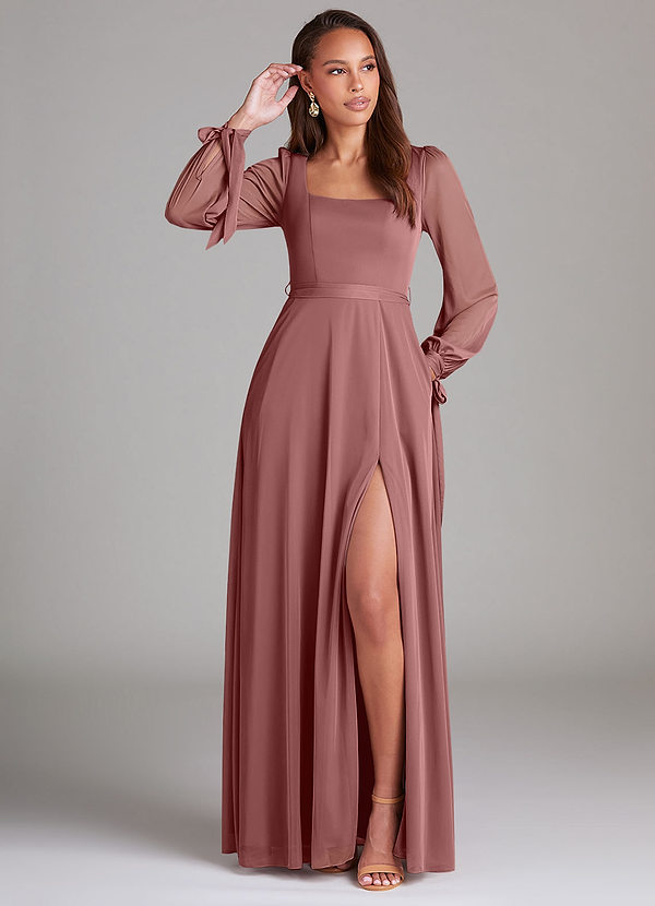 Azazie Leonia Brautjungfernkleider A-Linie Langarm Gittergewebe Kleid Wüstenrose image1