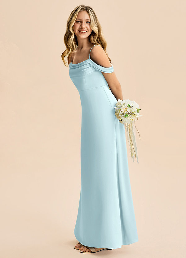 Azazie Lettie Junior Cloud Blue A-Line Off the Shoulder Stretch Satin Dress image1