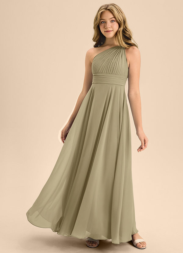 Azazie Charlize Junior Robe Trapèze en Mousseline de soie Plissé Vert Mousse image1