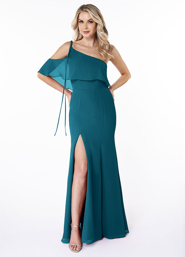 Vestidos Modernos AsiméTricos Para Damas De Honor Junior Con Cuello De Capa Azul tinta