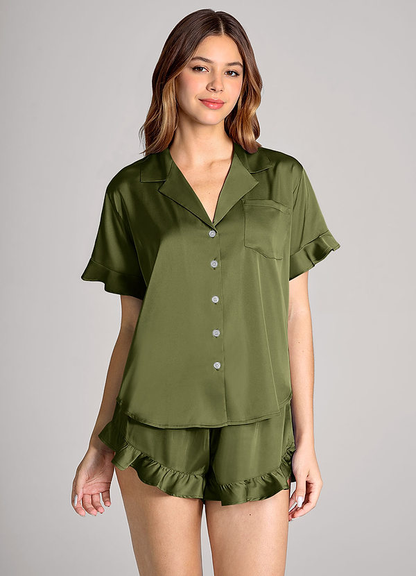 front Matching Color Ruffled Short Sleeve Pajama Set