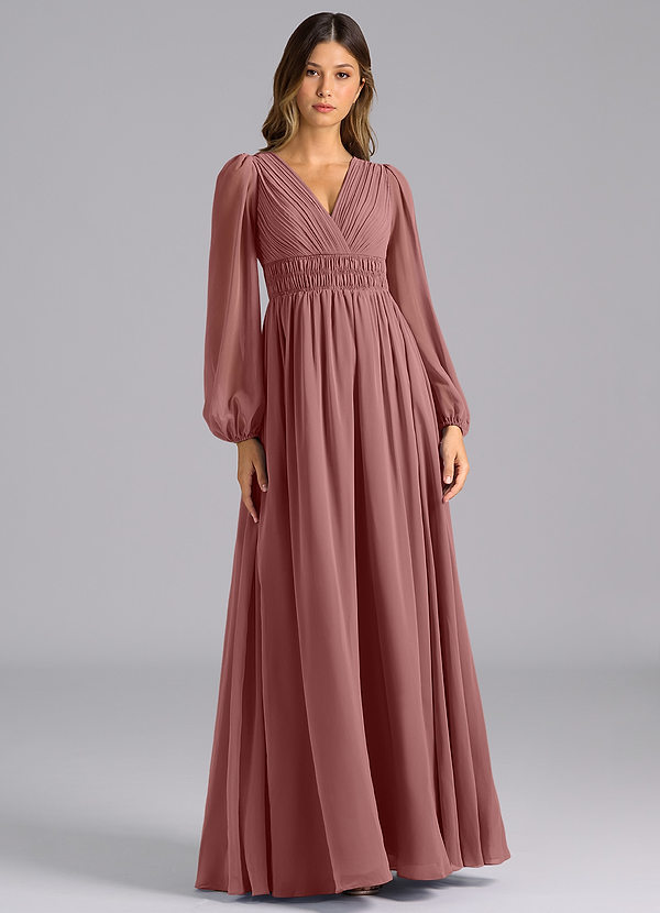 Azazie Palerma Bridesmaid Dresses Desert Rose A-Line Long Sleeve Chiffon Dress image1