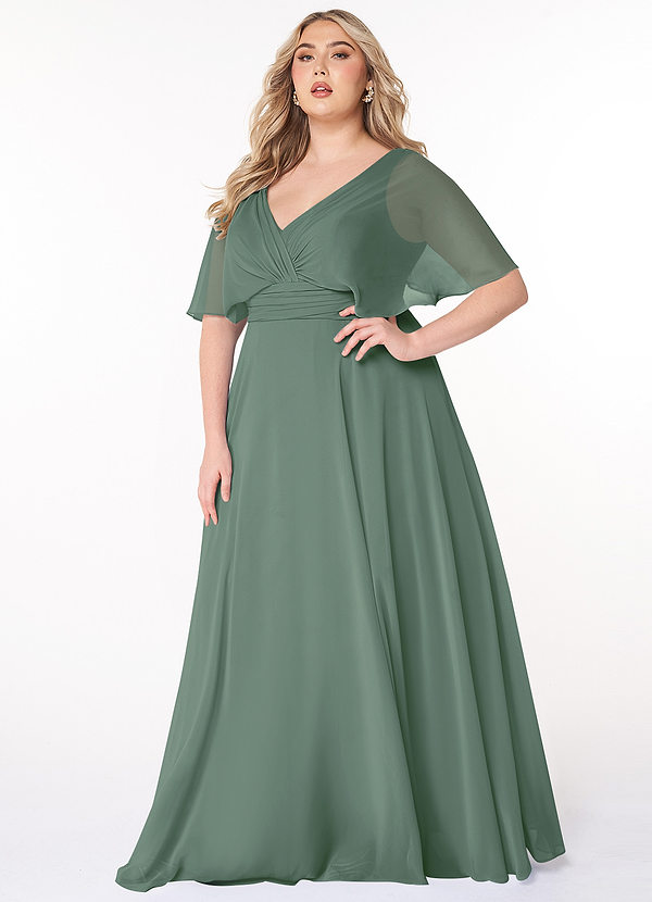 Azazie Pamela Robes Demoiselle d'honneur Robe Trapèze en Mousseline de soie Col V plissé Eucalyptus image1
