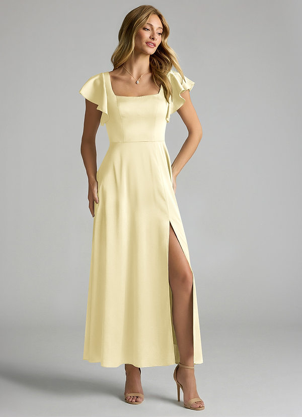 Azazie Bondi Bridesmaid Dresses Lemon Sorbet A-Line Ruched Stretch Satin Dress image1