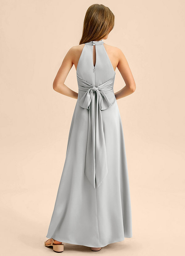 Azazie Beah Junior Silver A-Line Pleated Stretch Satin Dress image1