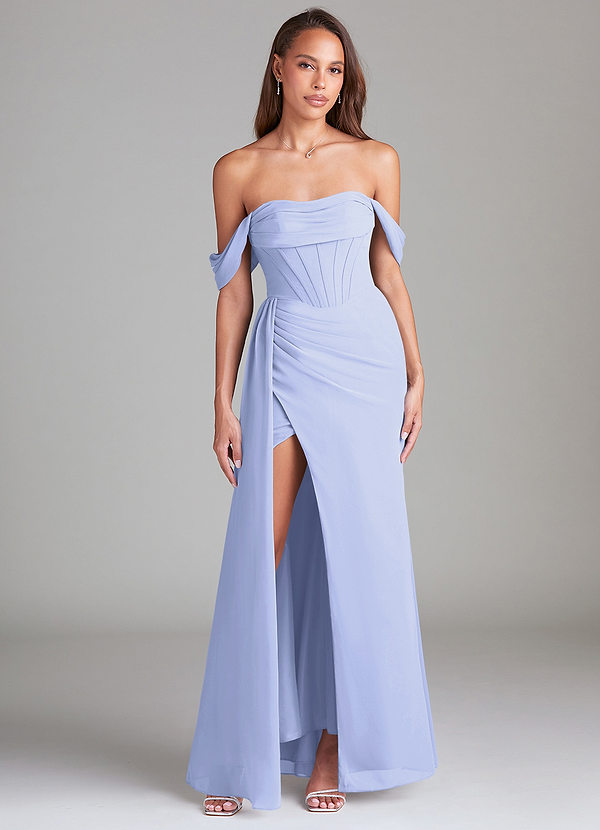 Azazie Amyra Bridesmaid Dresses Lavender Sheath Off the Shoulder Chiffon Convertible Dress image1
