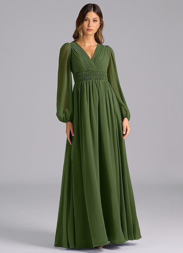 Azazie Palerma Bridesmaid Dresses Olive A-Line Long Sleeve Chiffon Dress image1