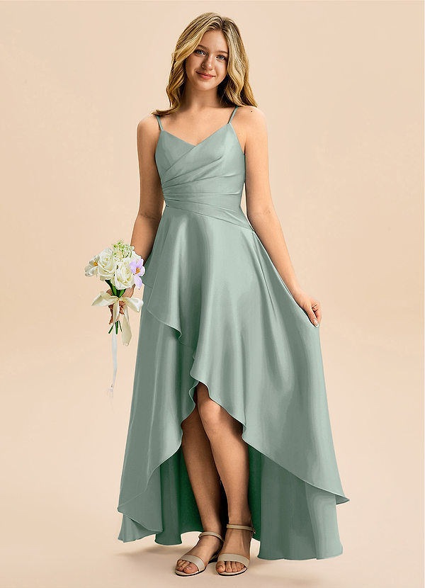Azazie Eirlys Junior Agave A-Line Pleated Stretch Satin Dress image1