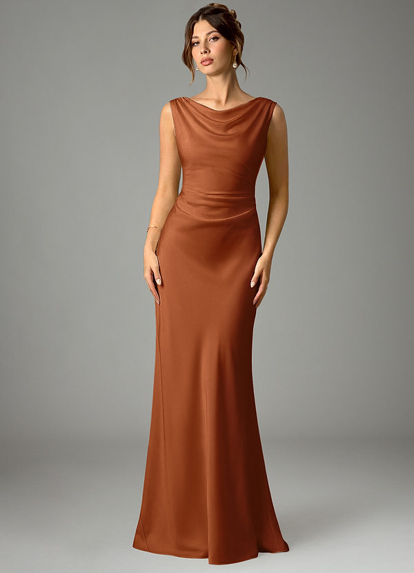 Azazie Kieryn Robes Demoiselle d'honneur Robe Sirène en Satin extensible Plissée Cuivre image1