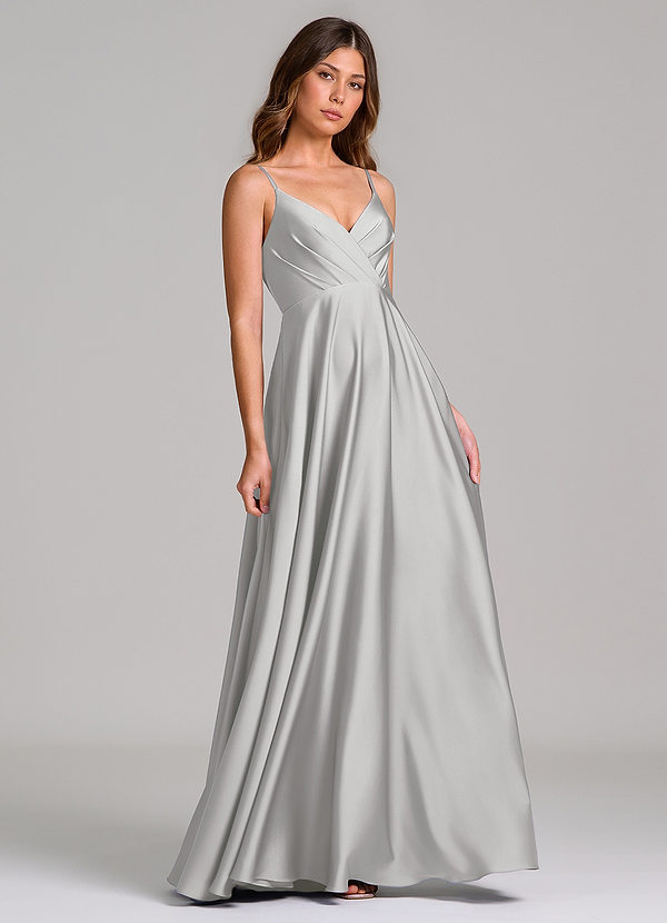 Azazie Amani Bridesmaid Dresses Silver A-Line Pleated Stretch Satin Dress image1