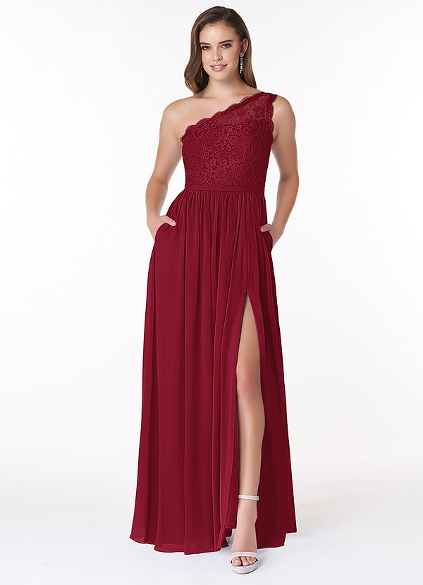 Azazie Demi Bridesmaid Dresses Burgundy A-Line One Shoulder Chiffon Dress image1