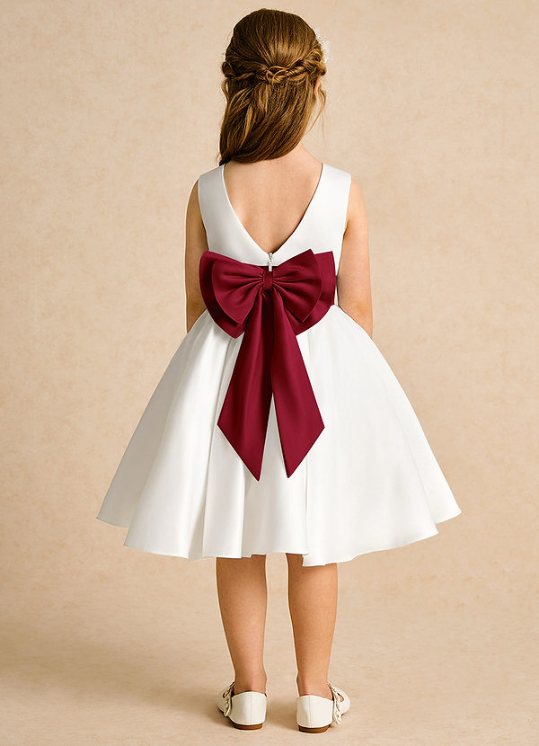 Azazie Sosie Flower Girl Dresses Ivory Burgundy A-Line Pleated Matte Satin Dress image1