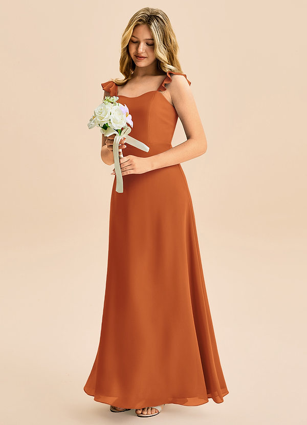 Azazie Mavie Junior A-Line Ruchede Chiffon Gulv-længde Junior brudepige Kjole image1