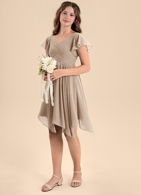 Azazie Janeaurelia Junior Abito A-Line in Chiffon Plissettato Taupe image1