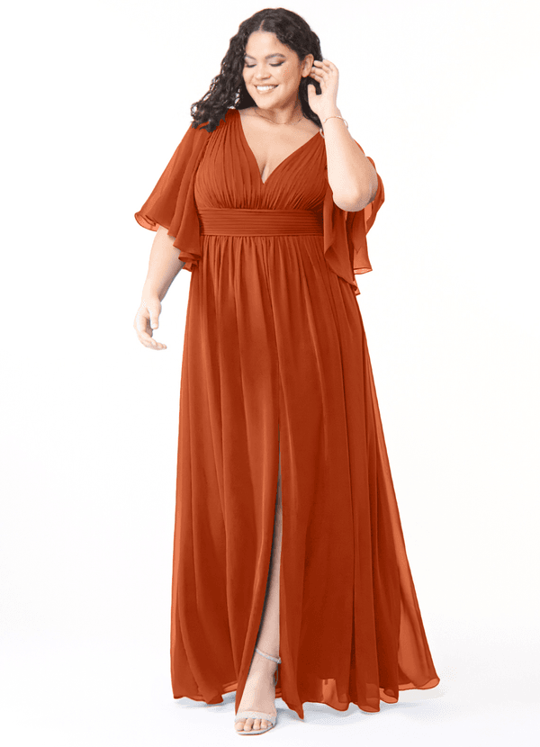 Azazie Temeka Robes Demoiselle d'honneur Robe Trapèze en Mousseline de soie Rayé Orange Brûlée image1