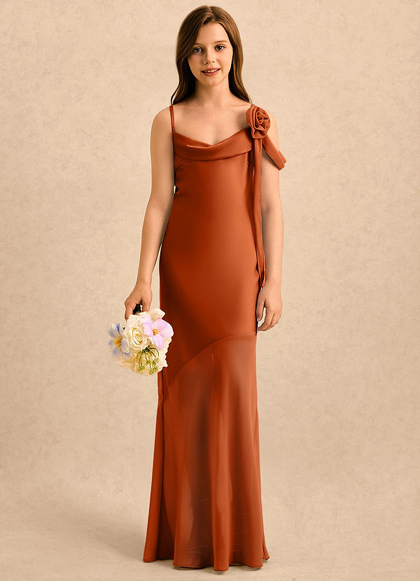 Azazie Kai Girls Formal Sukienki dla dziewczynek sypiących kwiaty Osłona Pofałdowany Satyna elastyczna Długość podłogi Sukienka image1